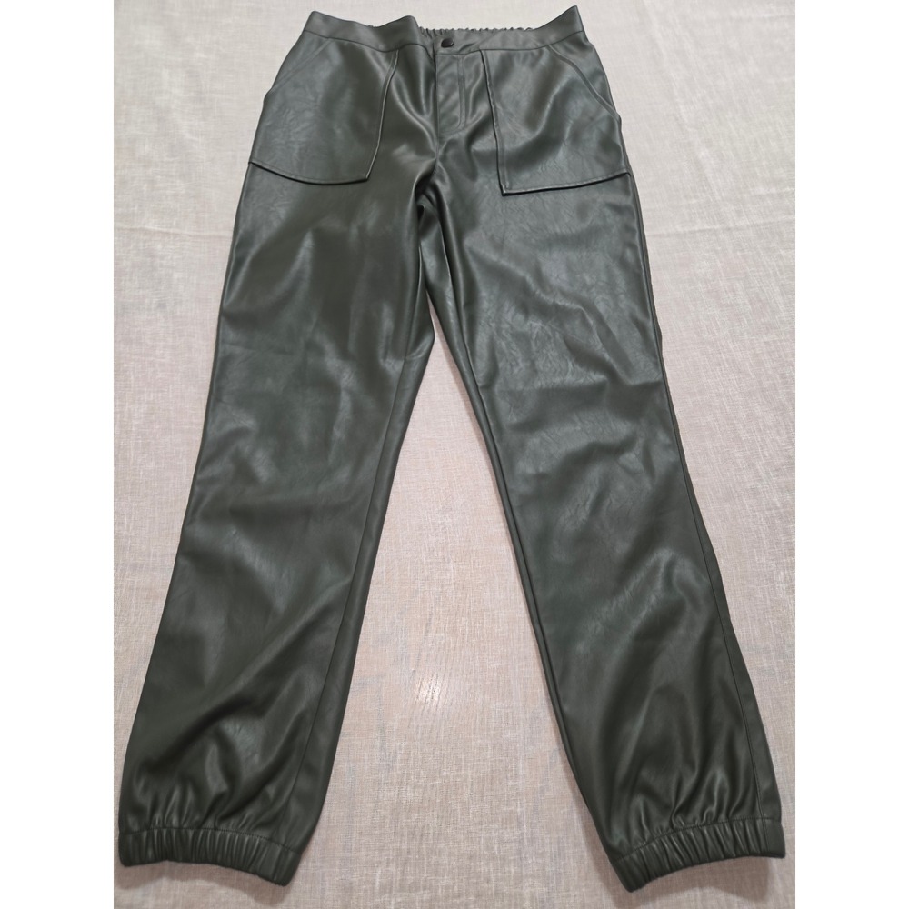 Mauby Womens Olive Green Faux Leather Jogger Pants Patch Pockets Size S